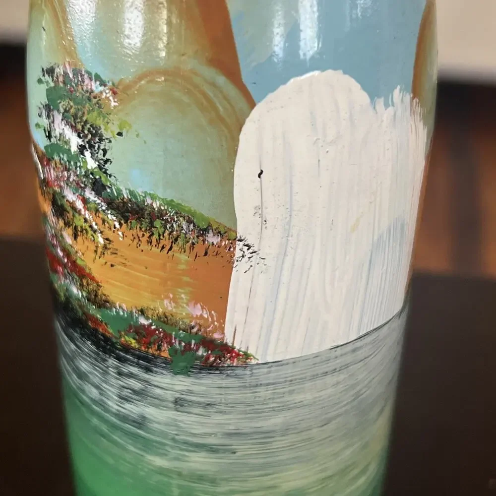 Hand Painted Glass Decorative Bottle Landscape Design Light Blue Green Bohemian